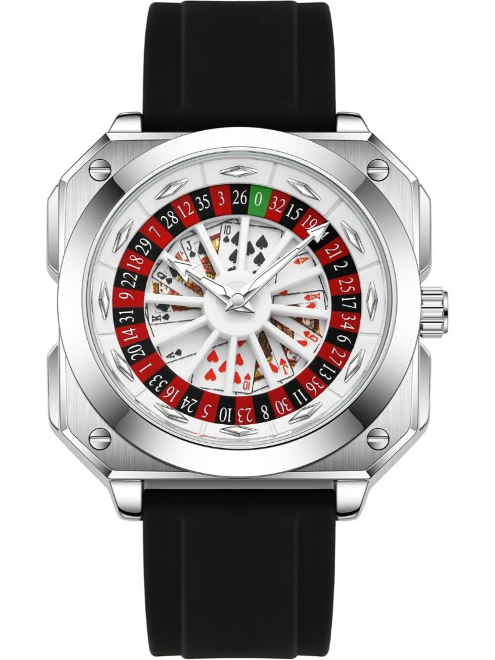 Men‘s Black Gambling Rotating Dial Poker Square Silicone Rubber Strap Watch
